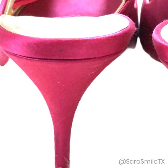 {VALENTINO GARAVANI} Bright Pink Satin Bow Open Toe Slingback Stiletto Pumps - Picture 11 of 13